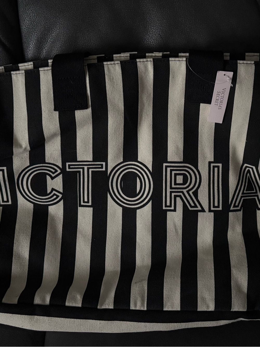 Victoria's Secret Black and White Striped Logo Tote